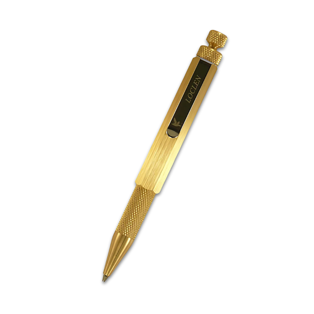 raw brass ballpoint pen with Loclen branded clip on a white background
