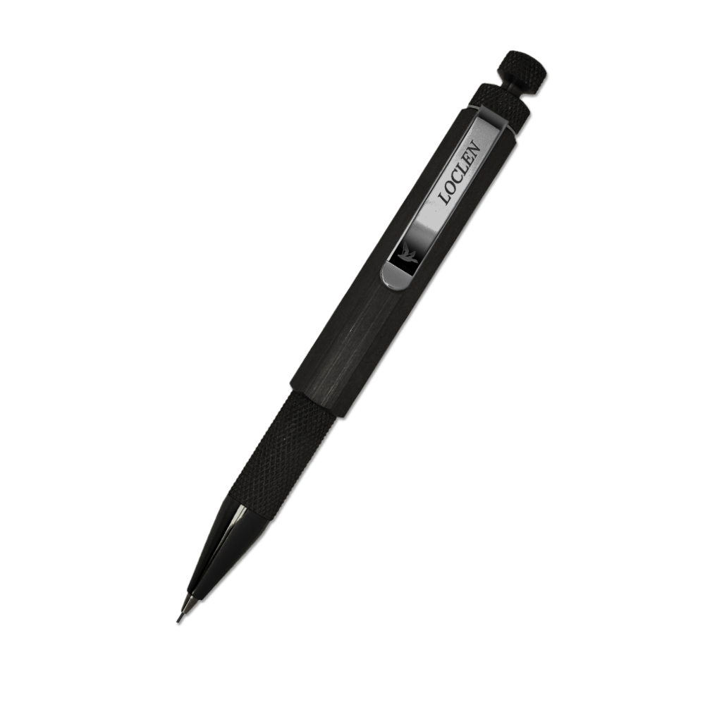 matte black mechanical pencil with Loclen branded clip  on a white background