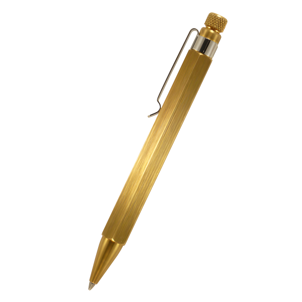 Loclen L4 ballpoint pen in raw brass viewed from the side, on a white background