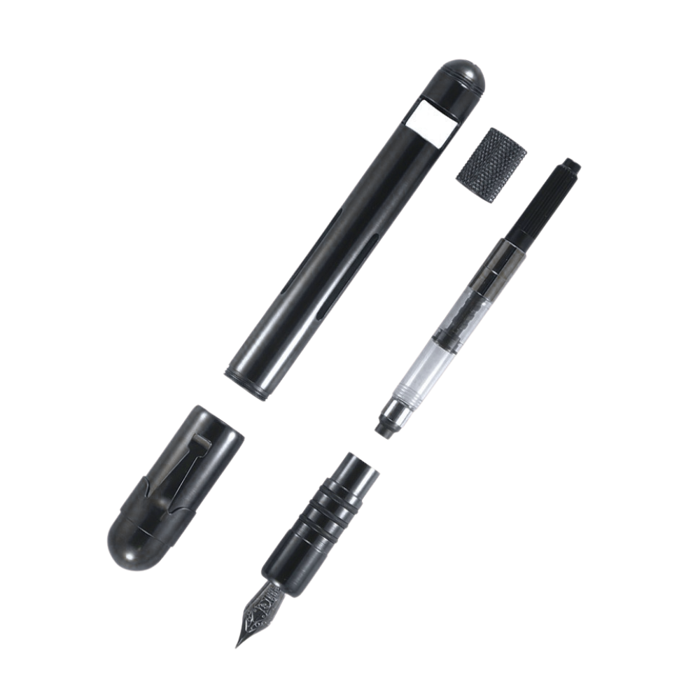 Fountain pen components including the pen body, nib, ink tank, and cleaning brush on a white background.