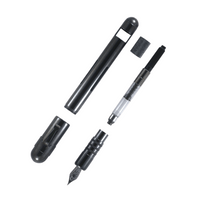 Fountain pen components including the pen body, nib, ink tank, and cleaning brush on a white background.