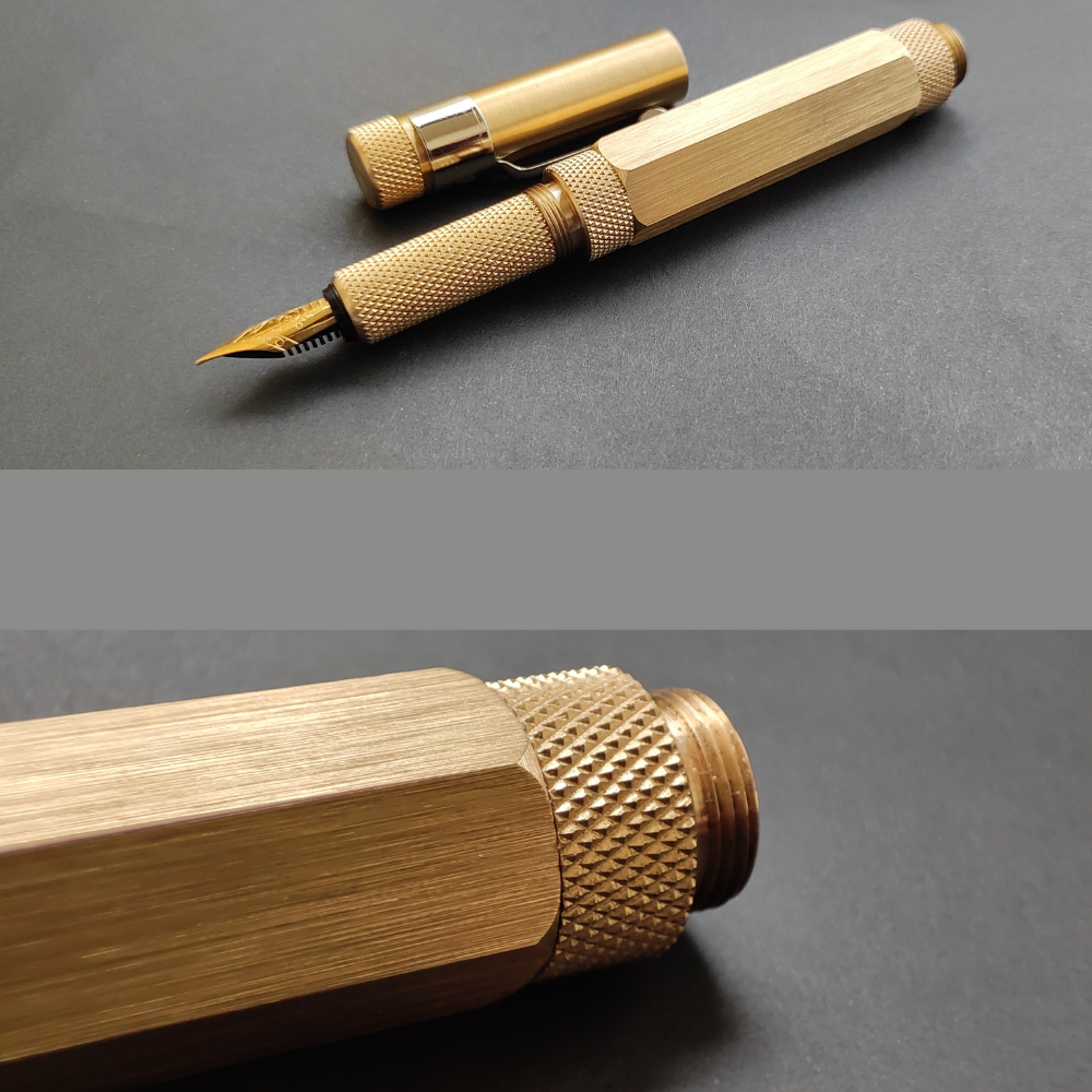 details of the loclen F5 fountain pen in raw brass, knurled section