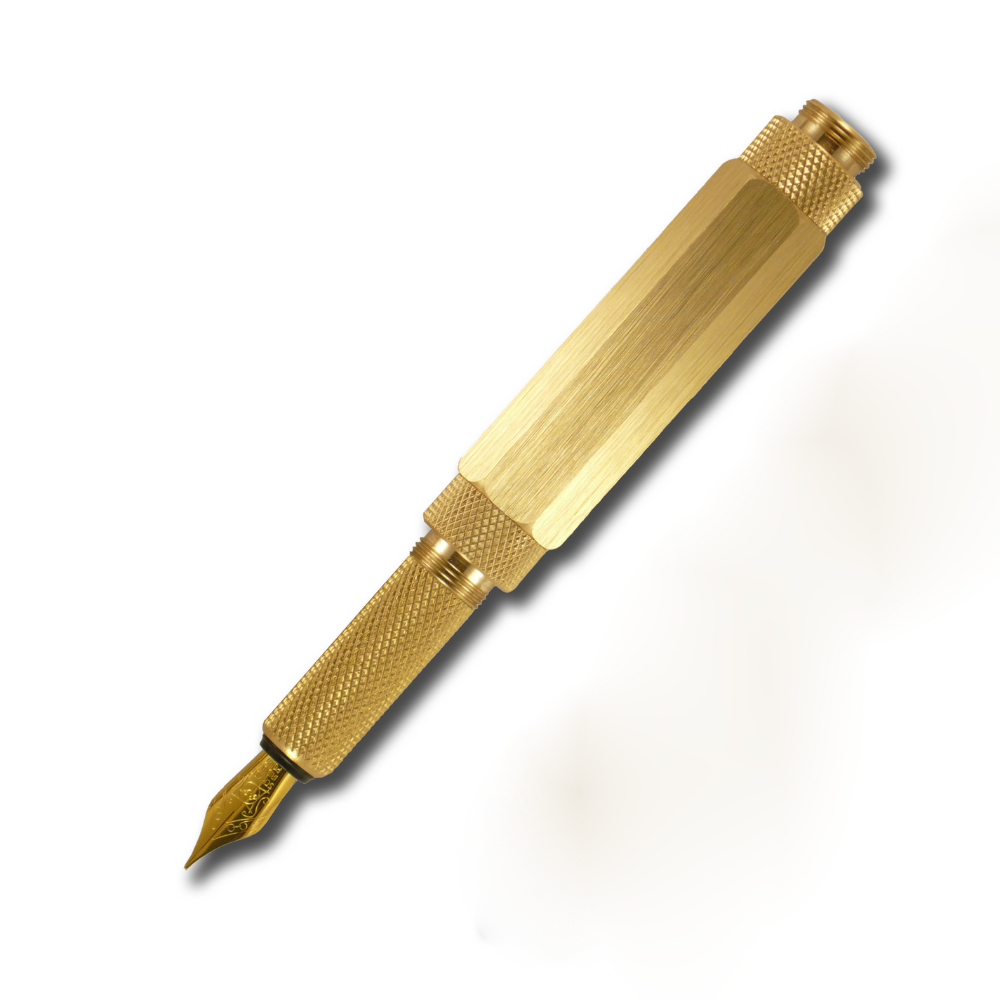 loclen F5 fountain pen in raw brass on a white background without the cap