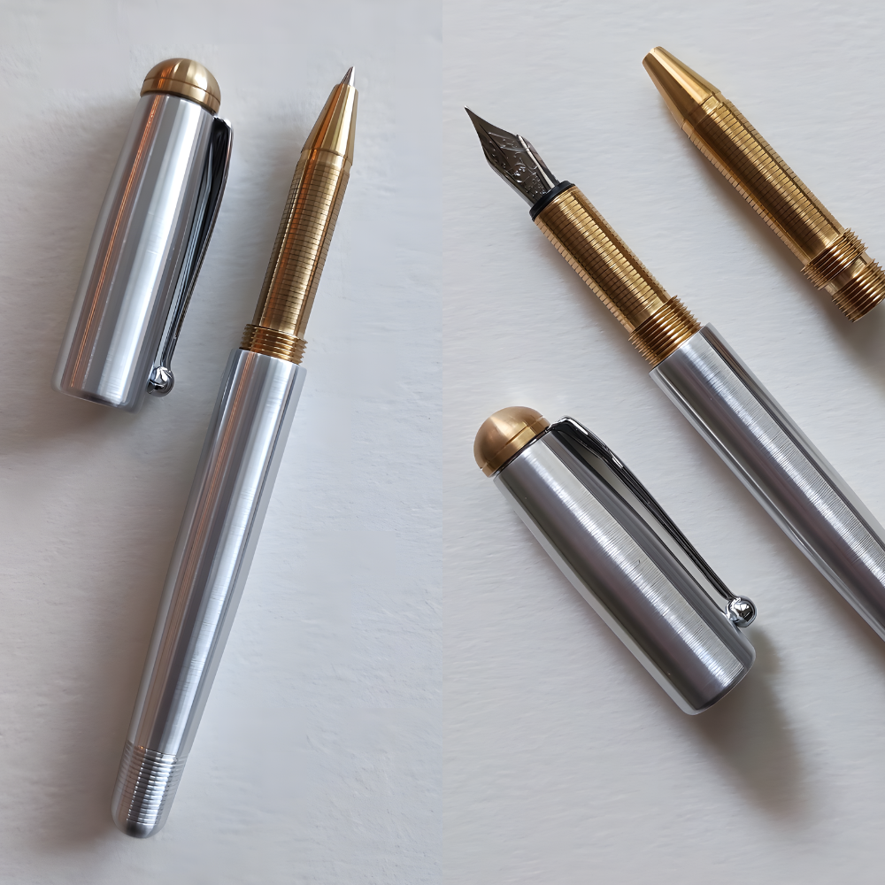 loclen classica in aluminum roller version and fountain pen version sitting on a piece of paper