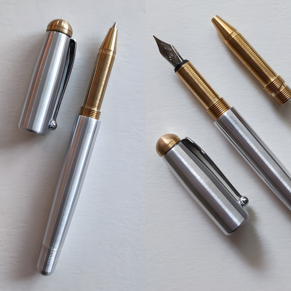 loclen classica in aluminum roller version and fountain pen version sitting on a piece of paper