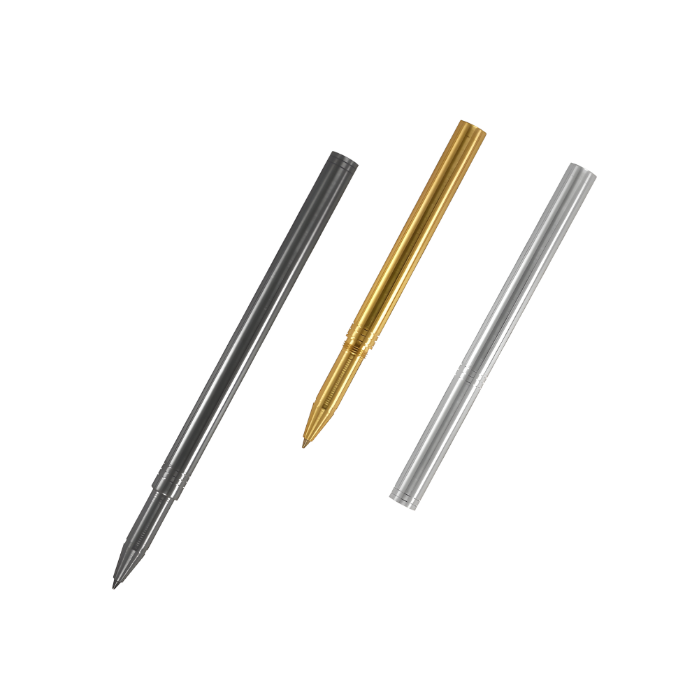 three finishings of the evoroller rollerball pen, matte black, brushed chrome and raw brass on a white background