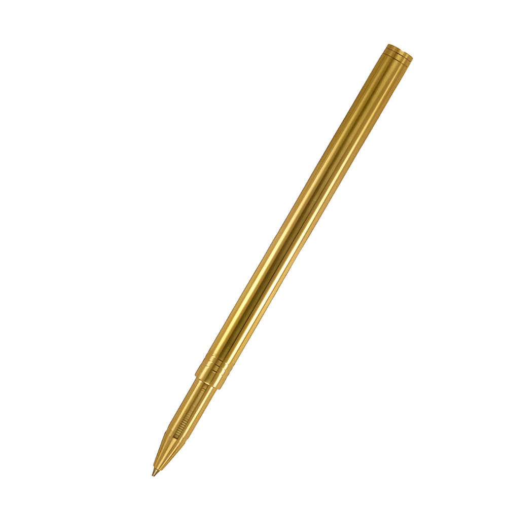 Loclen evoroller rollerball pen in raw brass with the cap posted in the back