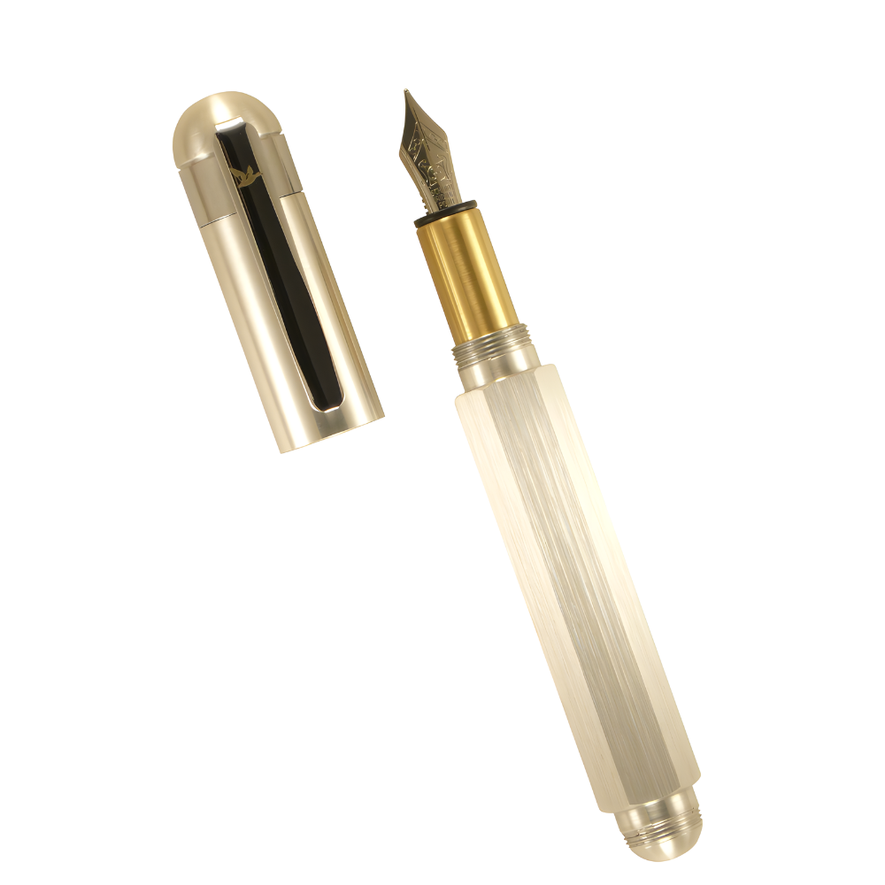 loclen hexa fountain pen in aluminum open with its cap to the left on a white background