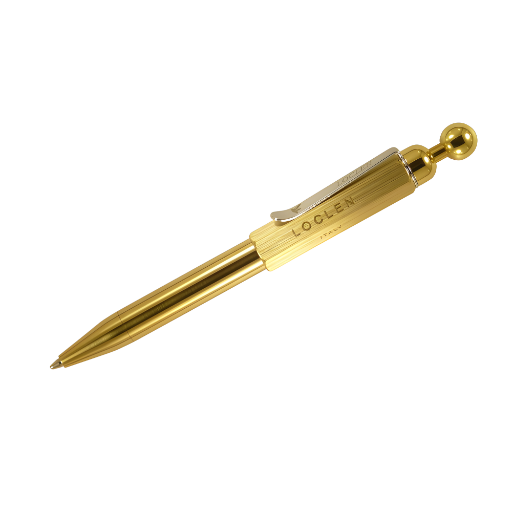 loclen spica ballpoint pen in raw brass on a white background view from the side