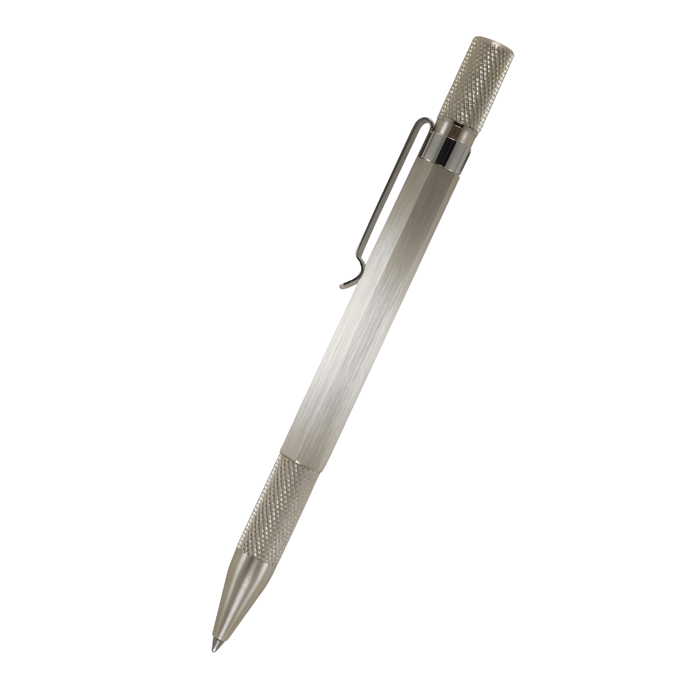 loclen tekno hex ballpoint pen in brushed chrome viewed from the side on a white background