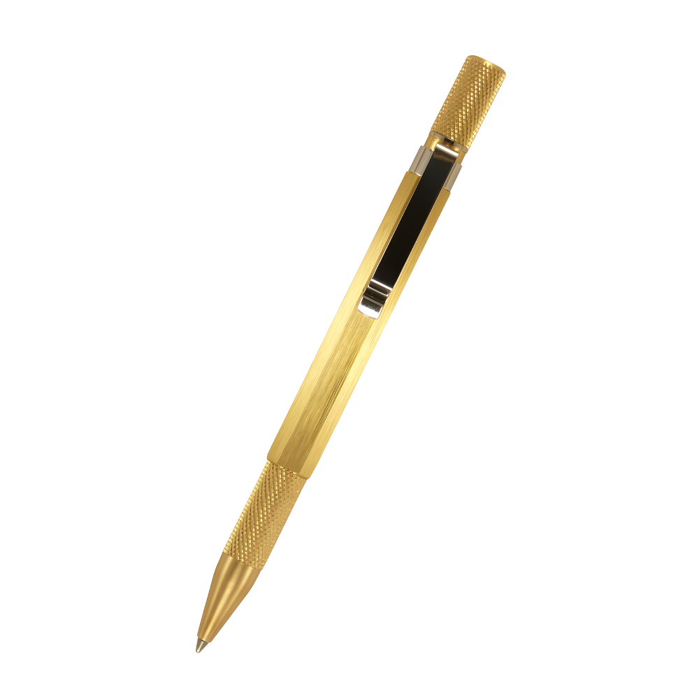 loclen tekno hex ballpoint pen with the clip in raw brass on a white background