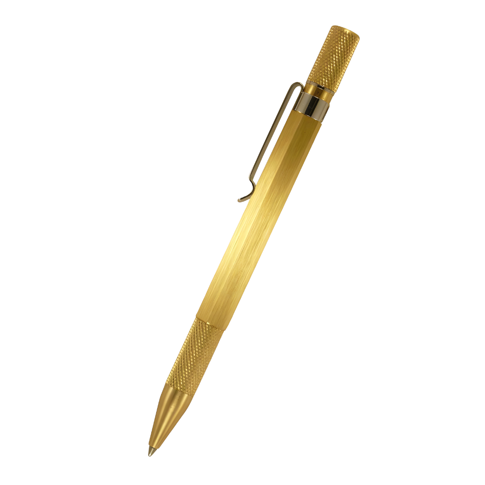 loclen tekno hex ballpoint pen in raw brass viewed from the side on a white background