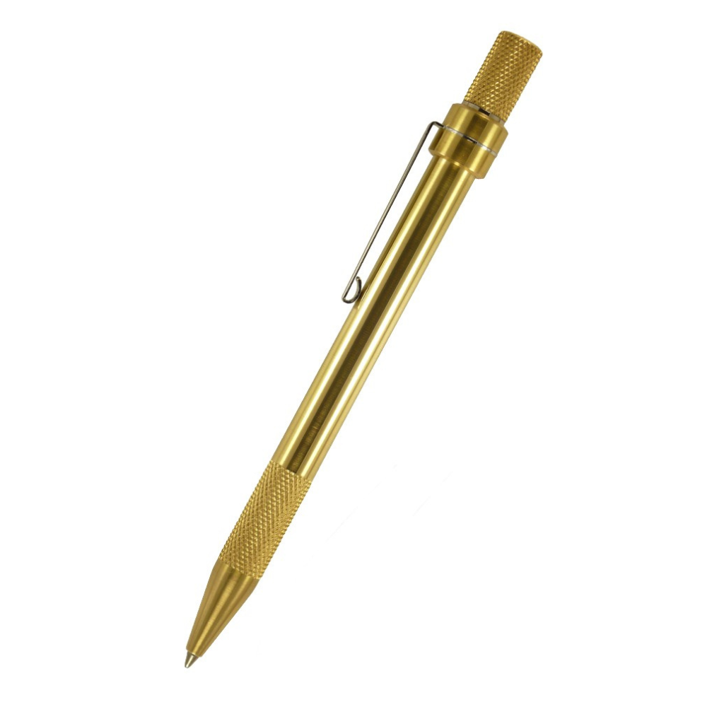Loclen Tekno2 ballpoint pen in raw brass on a white background view from the side