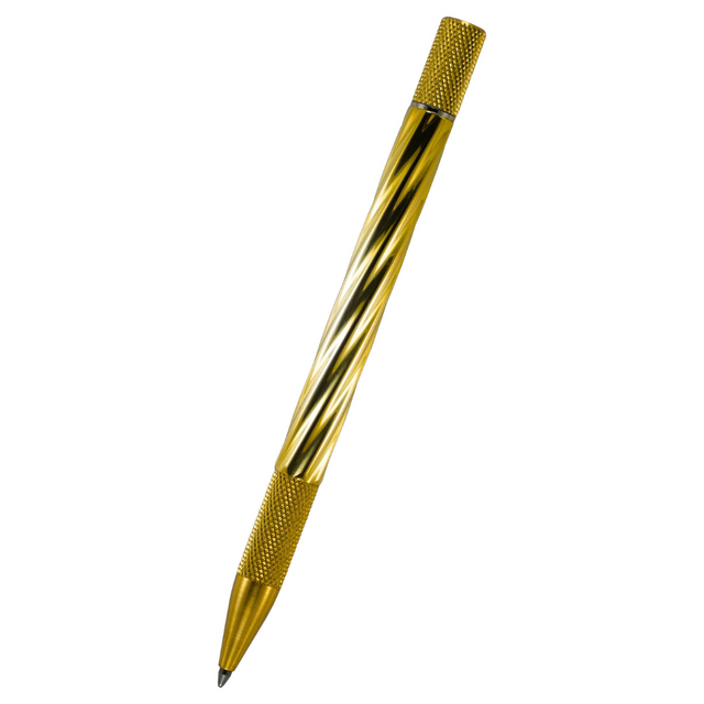 loclen tekno twist raw brass pen with textured design on a white background